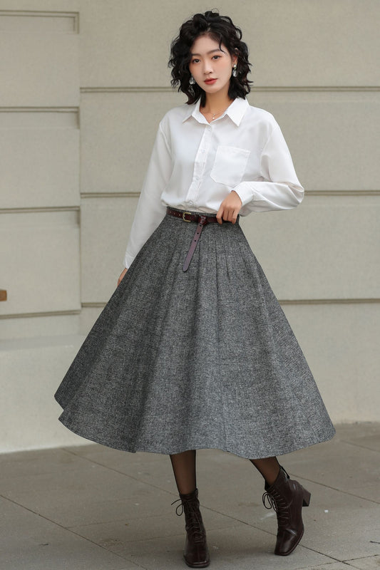 Chic Grey Wool Pleated Midi Skirt 6416