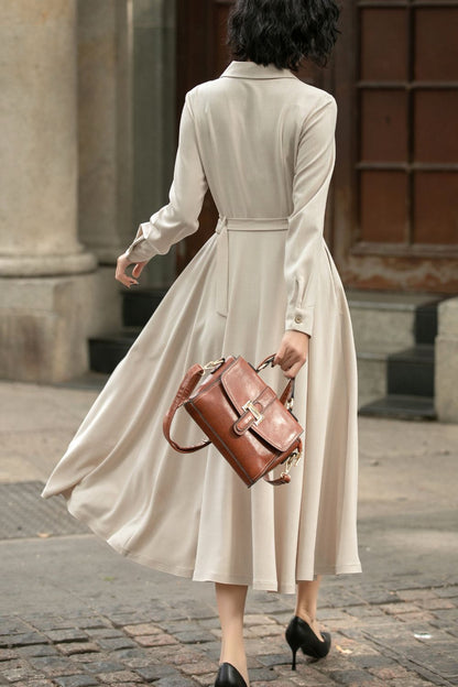 Beige Linen Cotton Midi Shirt Dress - Vintage Belted Swing Silhouette 5674