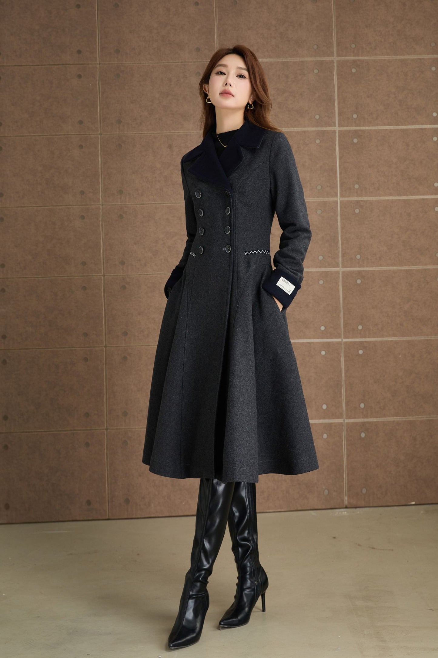 Block color winter wool coat women 5366