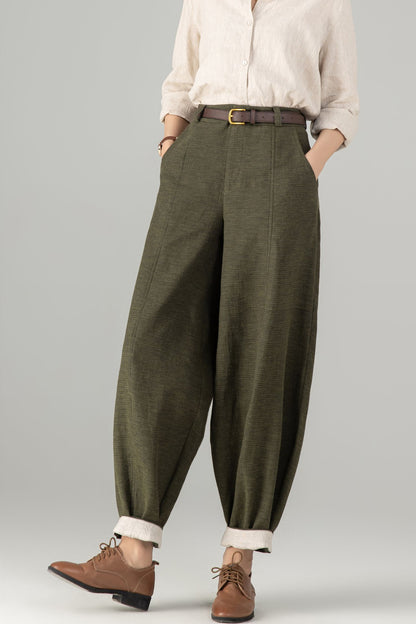 Army Green Linen Baggy Pants - Loose Fit, Ankle Length 5703