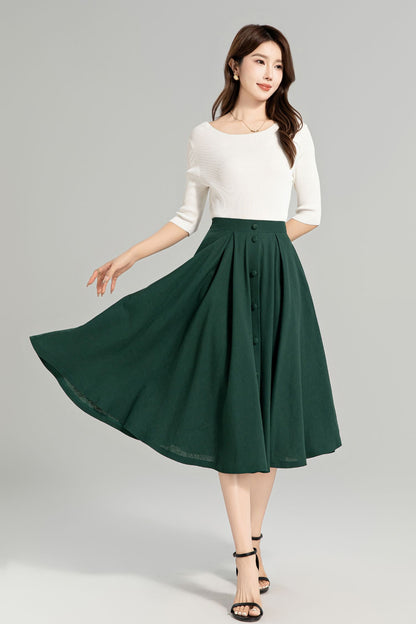 Dark Green Button-Down Linen Midi Skirt – A-Line, Pockets, Elastic Back | Xiaolizi 4963