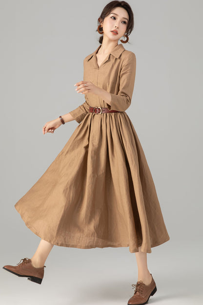 Khaki Linen Midi Shirt Dress - Pleated Fit and Flare Elegance 5707
