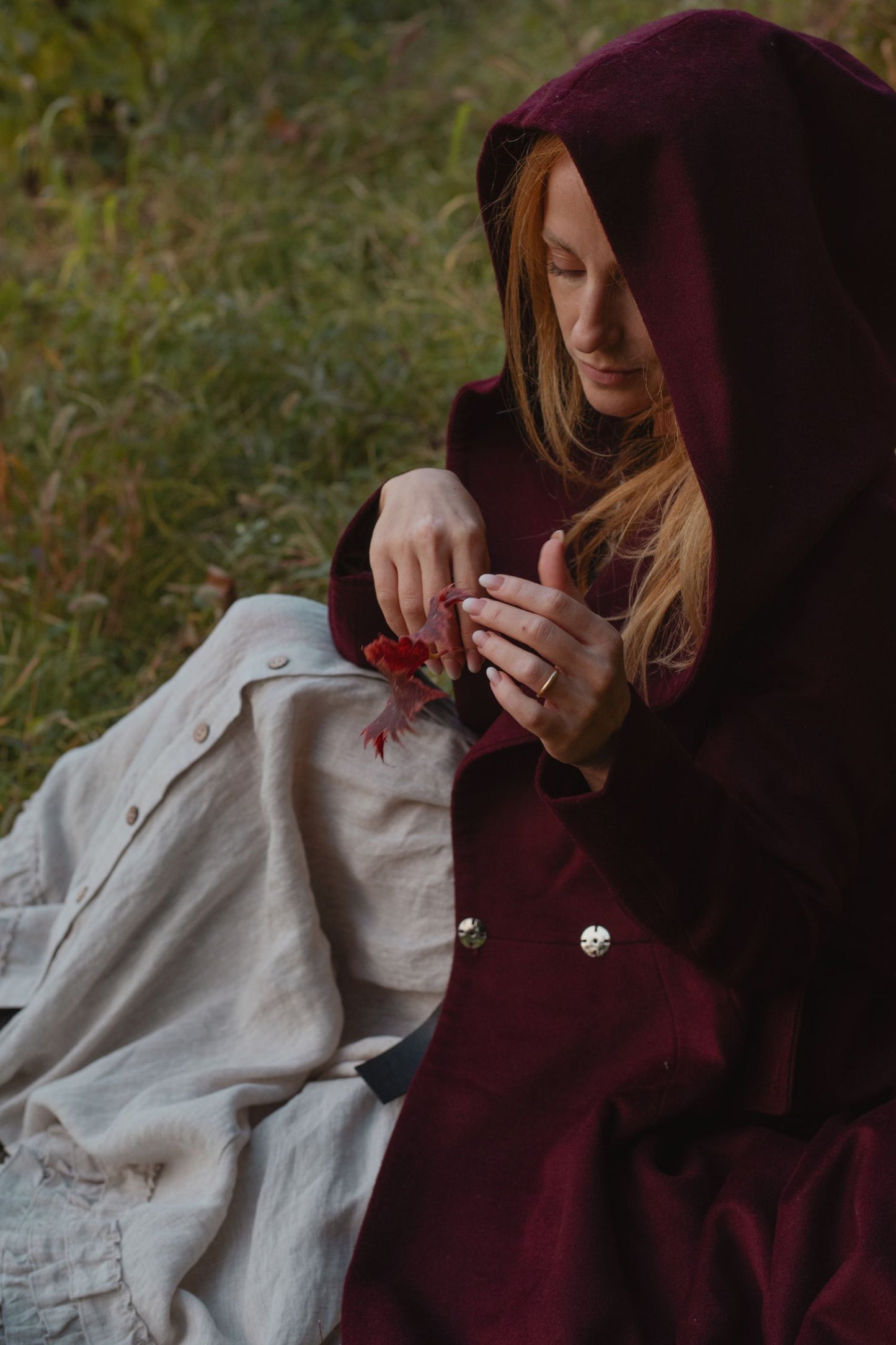 Burgundy Hooded Wool Coat – Handmade Long Belted Wool Winter Overcoat for Women 6546