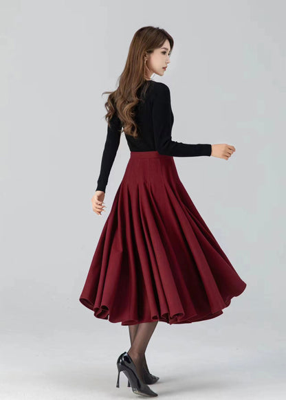 Women's Red Wool Swing Midi Skirt – Warm Winter Pleated High Waist Skirt | Xiaolizi 4782