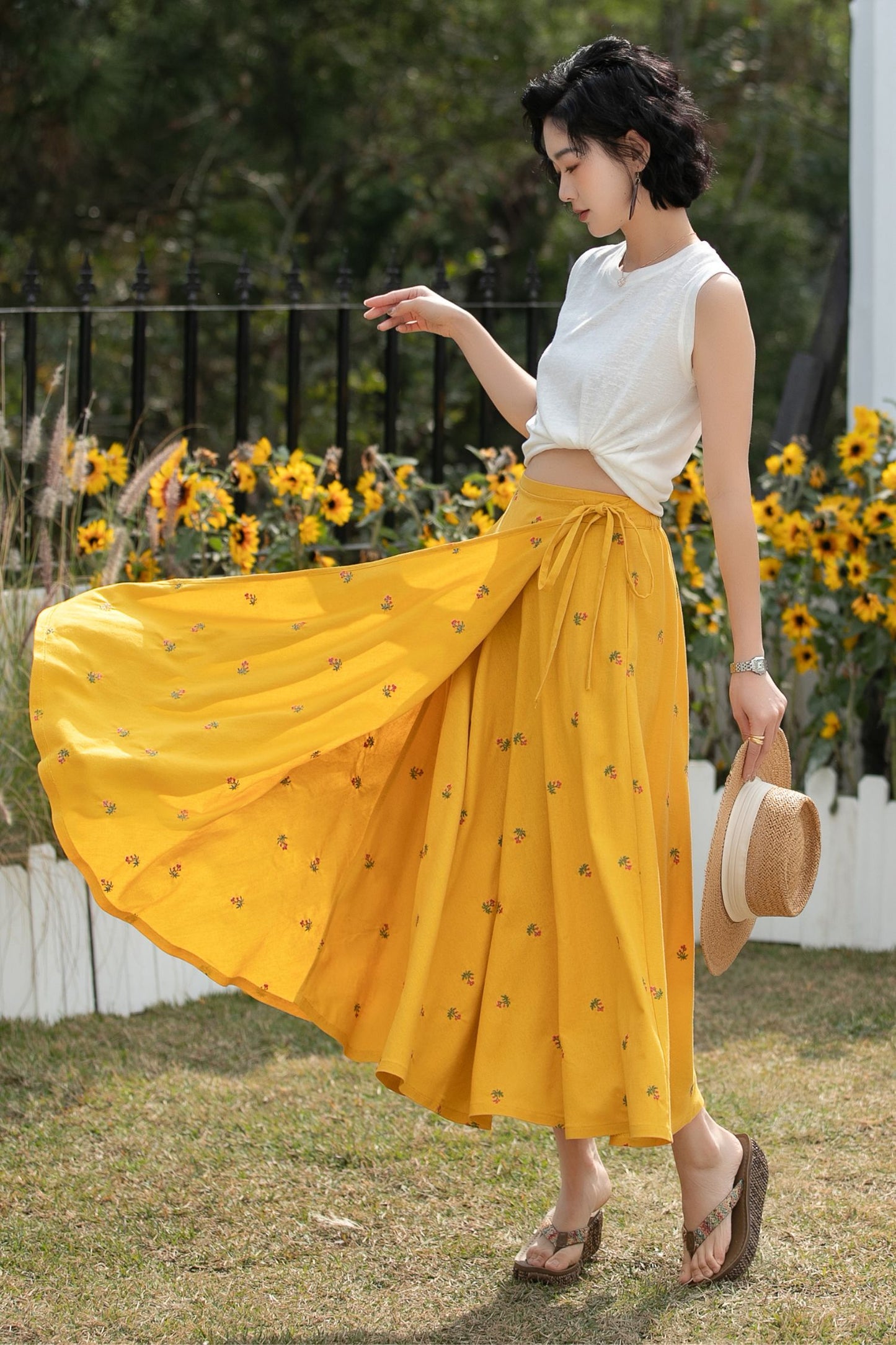Xiaolizi Linen Wrap Midi Skirt – Mustard Yellow Floral A-Line Summer Skirt 6688