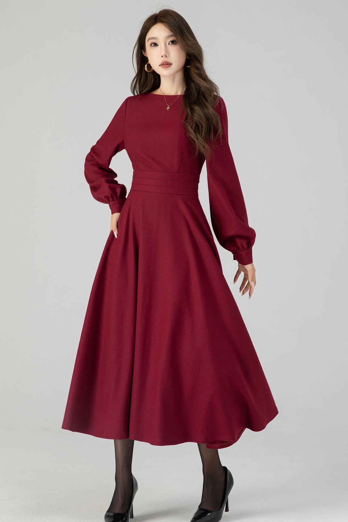 Burgundy swing winter wool dress for women 4550