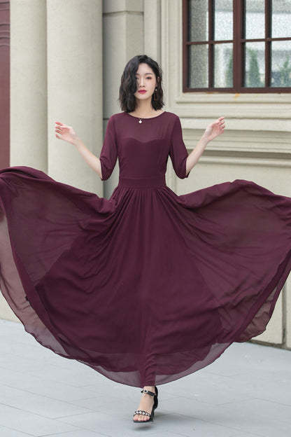 Burgundy Chiffon Fit & Flare Dress - Boat Neck Half Sleeve | Xiaolizi 5113
