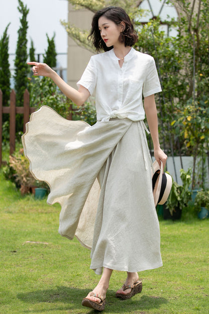 Beige Swing Linen Midi Wrap Skirt 5201