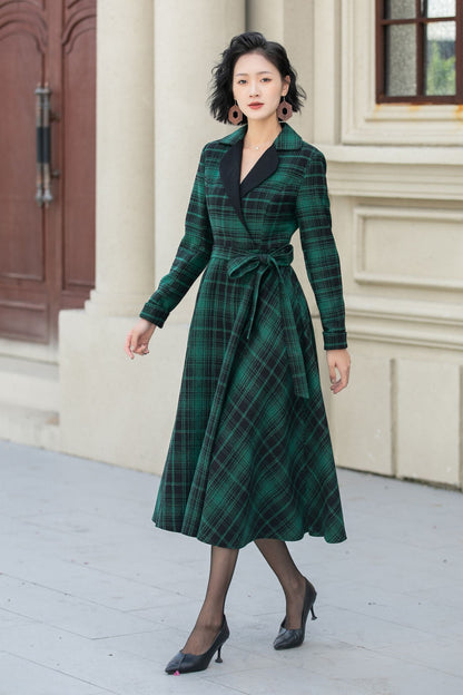 Plaid swing midi wool dress women 5343