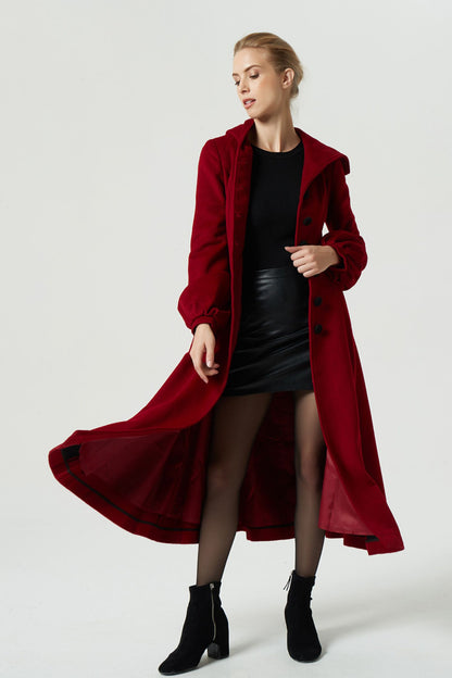 Burgundy Wool Coat Maxi Dress - Hooded, Lantern Sleeve, Tie Waist 1977