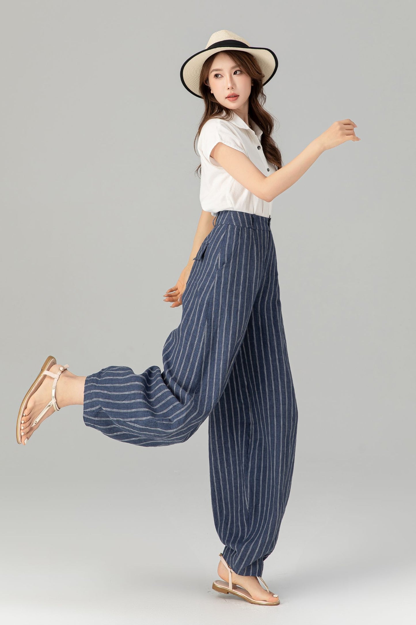 Plus size blue striple long linen pants 4939