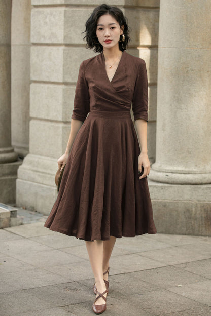 Brown Linen Midi Dress - A-Line V-Neck Pleated | Xiaolizi 5754
