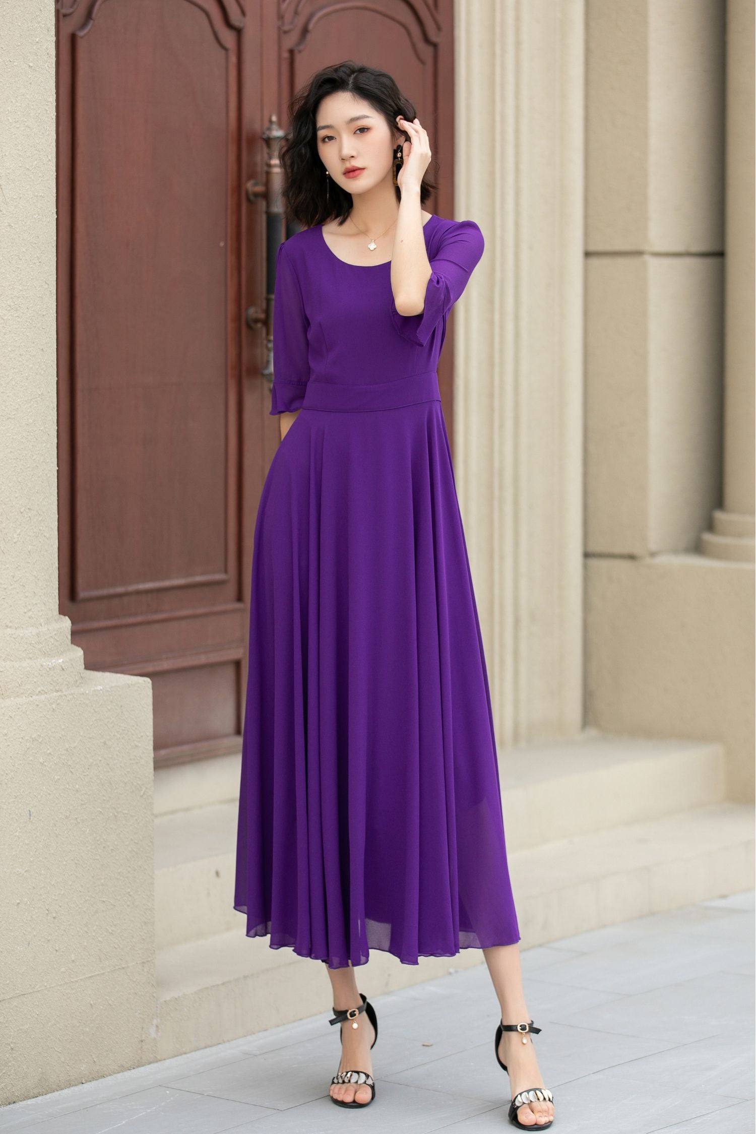 Purple Chiffon Maxi Dress with Flared Sleeves