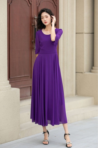 Purple Chiffon Maxi Dress - A-Line Silhouette with Flared Sleeves 5116