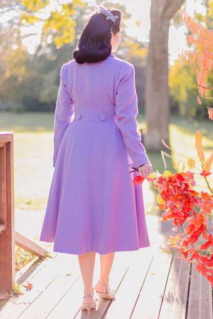 Purple Wool Long Coat - Double Breasted Fit and Flare Silhouette 3256