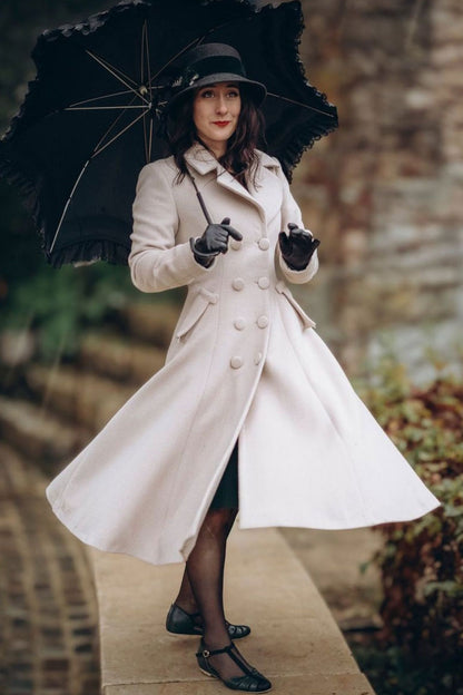 Cream White Wool Blend Coat - Double-Breasted A-Line Overcoat 3183