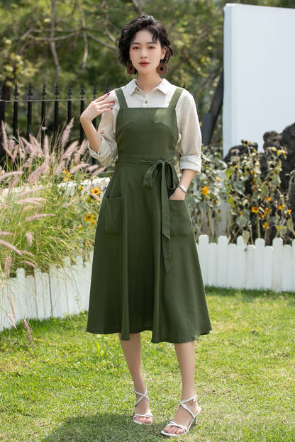 Olive Linen Cotton Pinafore Dress - Midi Fit Flare | Xiaolizi 6745