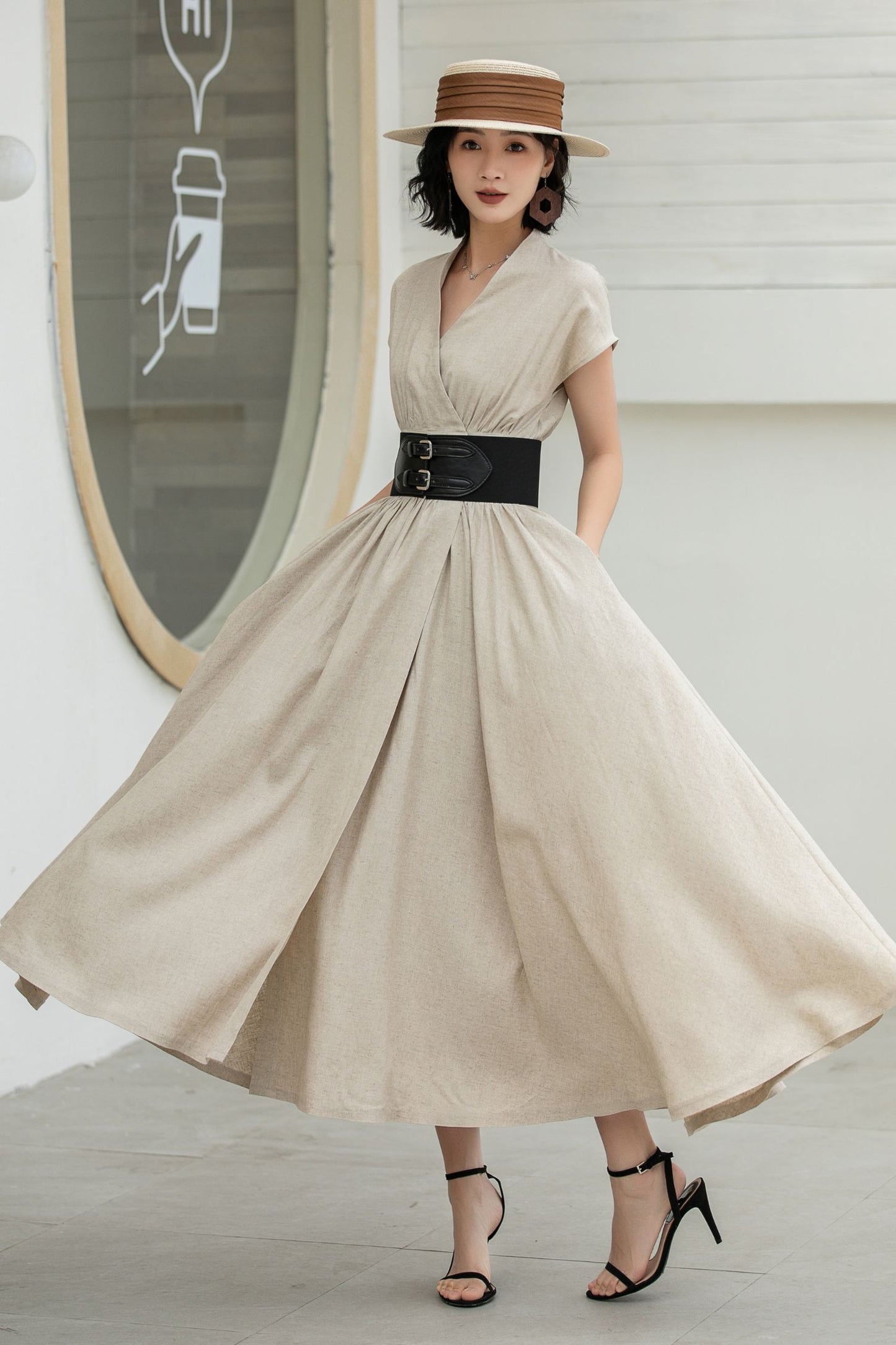 Beige Linen Wrap Dress – Short Sleeve Midi Dress with Belt & Pockets 5836