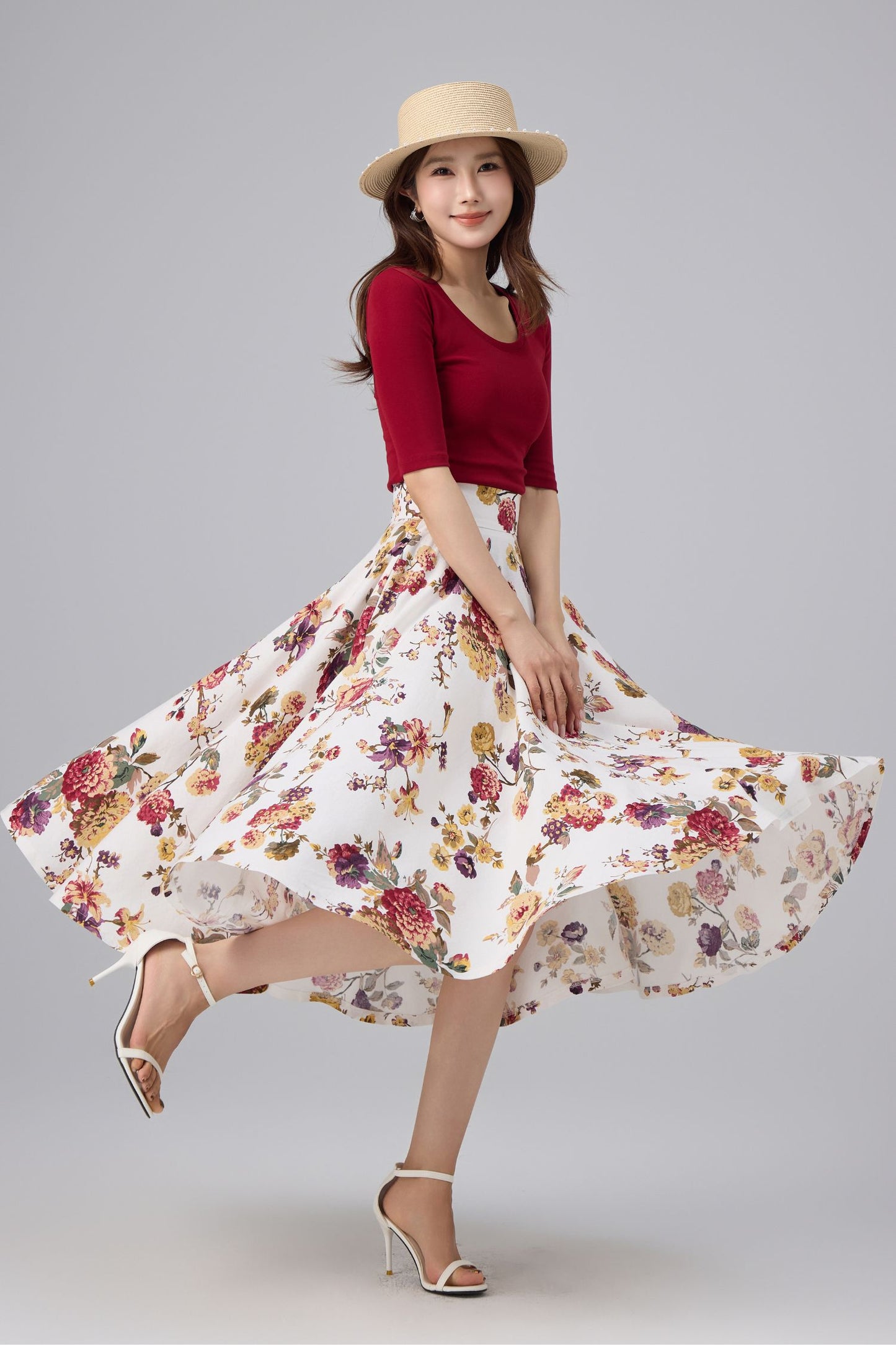 White Floral Cotton Linen Midi Skirt - High Waist, A-line Swing | Xiaolizi 6764