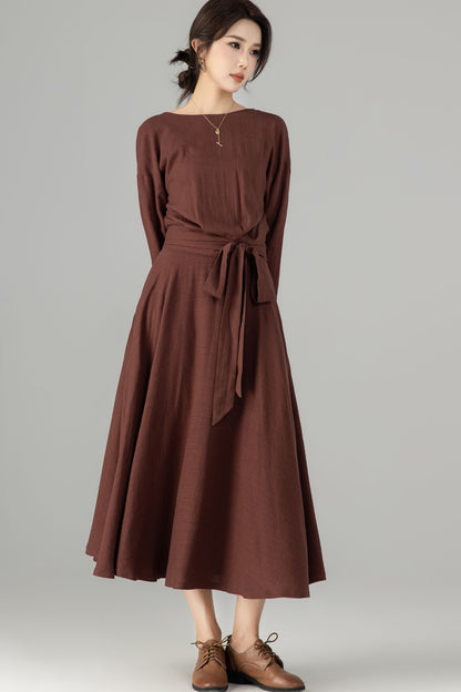 Brown Linen Cotton Midi Dress - Boat Neck, Belted Waist 5704