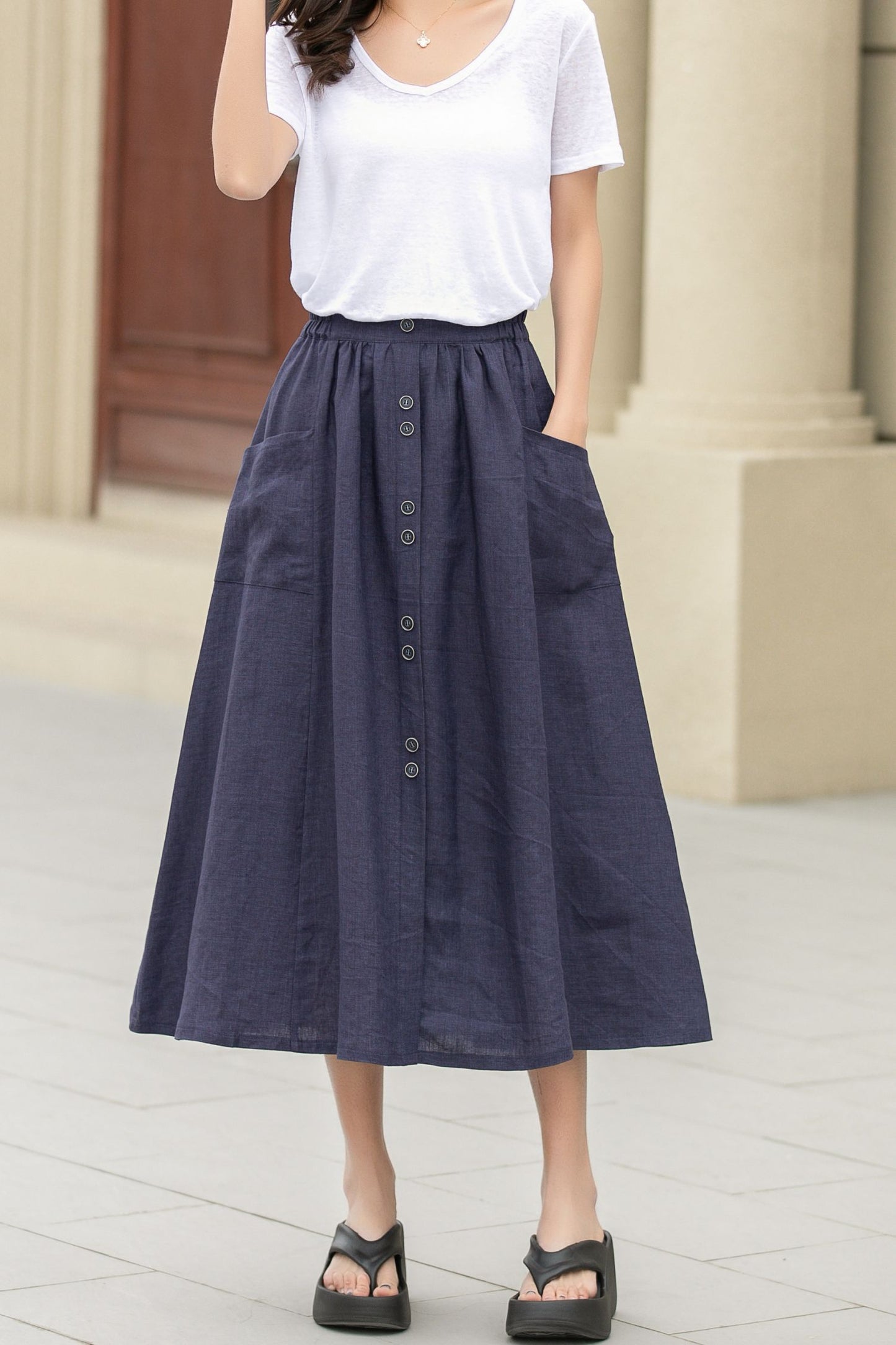 Button up midi summer linen skirt 4944