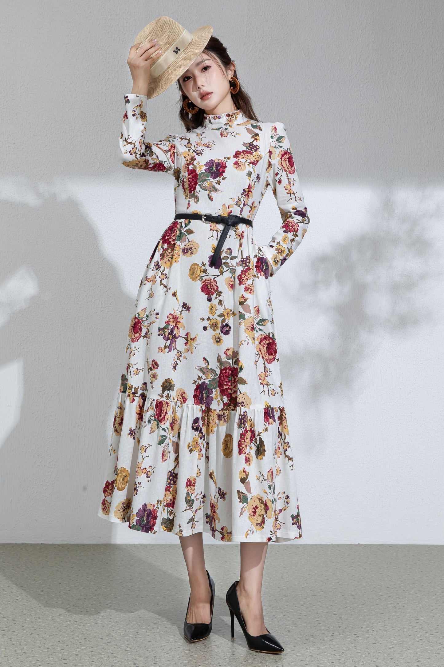 Floral Cotton Linen Maxi Dress: Ruffle High Neck Long Sleeve Dress 6713