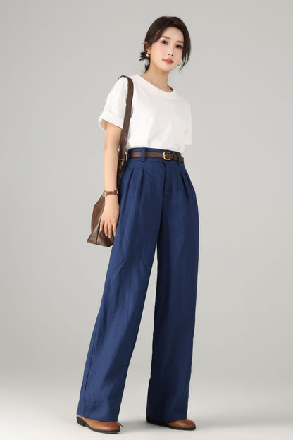 Blue Linen Cotton Wide Leg Pants - Palazzo High Rise | Xiaolizi 5758