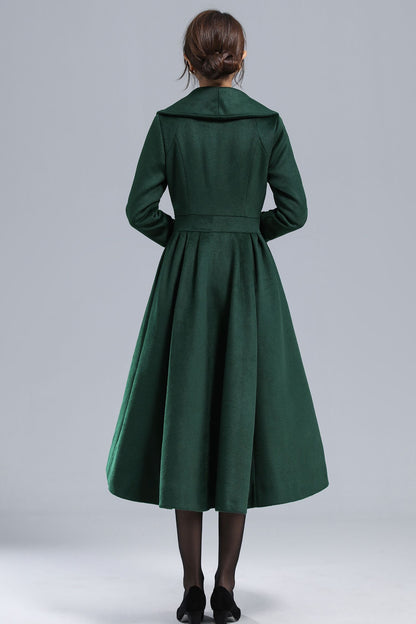 Vintage Princess Wool Coat – Handmade Dark Green Pleated Long Overcoat | Xiaolizi 3242