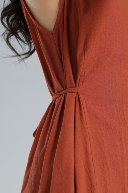 Orange Linen Blend Sleeveless Midi Dress - A-Line Silhouette with Belt 3617