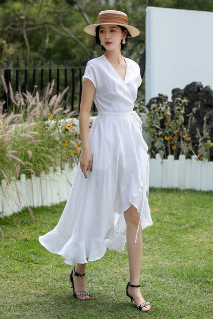 White Linen Wrap Dress - V-Neck Ruffle Hem | Xiaolizi 6743