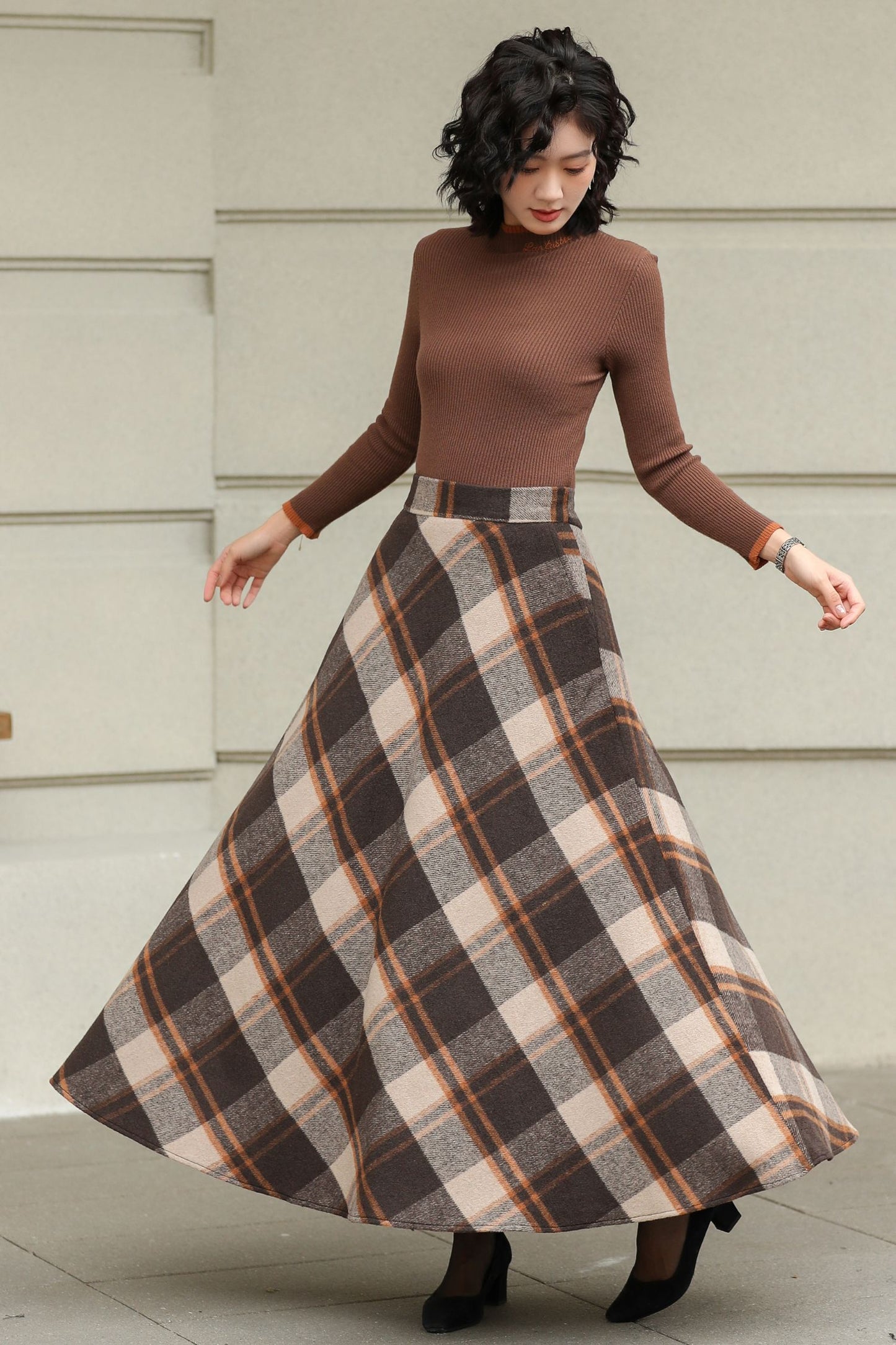 Plaid Wool A-Line Skirt – Brown Check Midi/Ankle Length, Handmade | Xiaolizi 6419