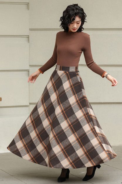 Plaid Wool A-Line Skirt – Brown Check Midi/Ankle Length, Handmade | Xiaolizi 6419