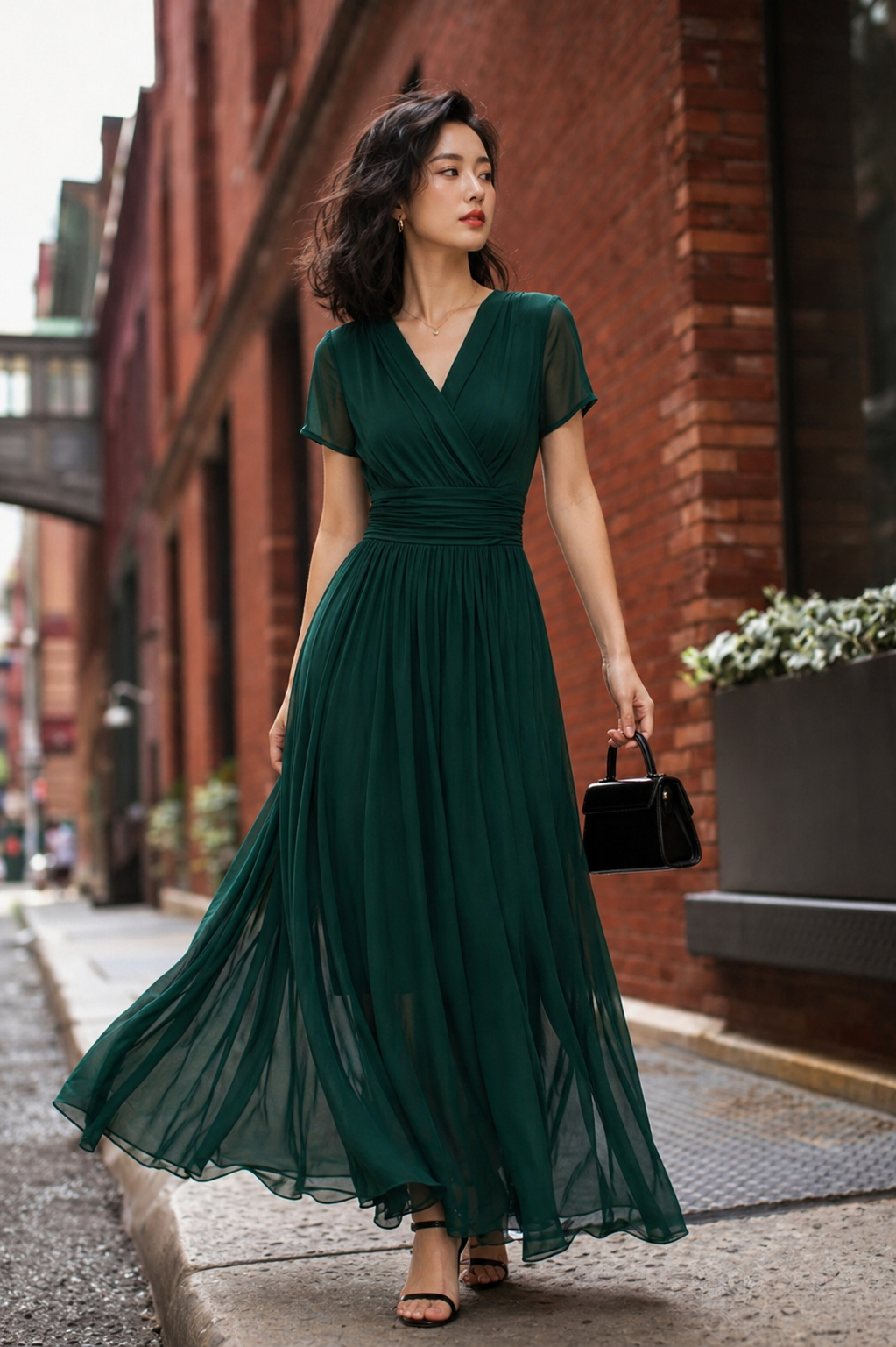 Dark Green Chiffon Maxi Dress – Handmade V Neck Swing Party Elegance 5114