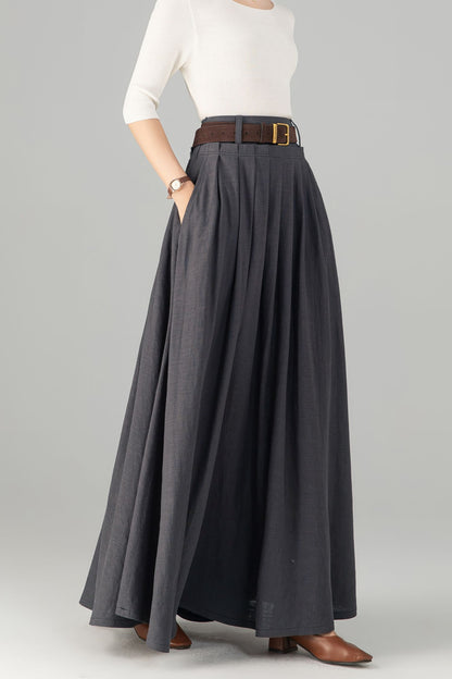 Dark Grey Linen Cotton Maxi Skirt - Pleated Waist with Side Pockets 5701
