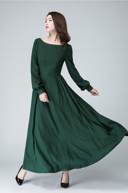 Dark Green Linen Cotton Maxi Dress Vintage Long Sleeve Boat Neck 1454 Emerald Green / XS Dark Green Linen Cotton Maxi Dress Vintage Long Sleeve Boat Neck 1454 Emerald Green / XS