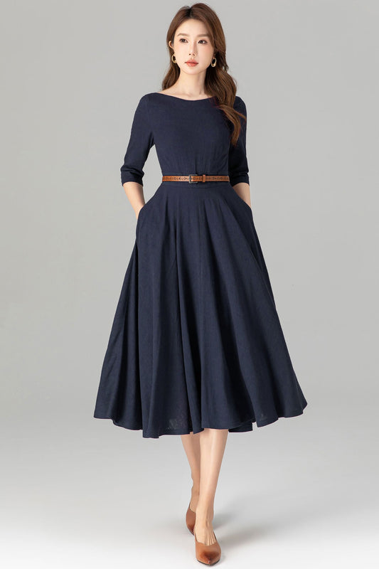 Navy Blue Linen Cotton Midi Dress – Vintage Boat Neck Fit and Flare Dress 4906