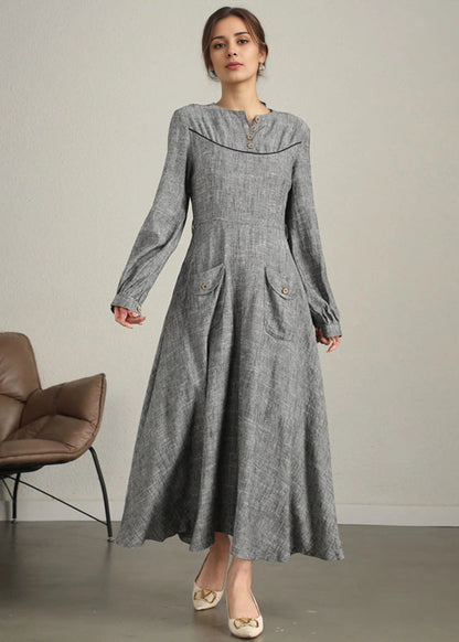Grey Linen Cotton Maxi Dress - Long Sleeve Gathered Cuffs | Xiaolizi 6340