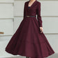 Burgundy Wool Wrap Midi Dress — Elegant Tie‑Waist A‑Line for Office 6512