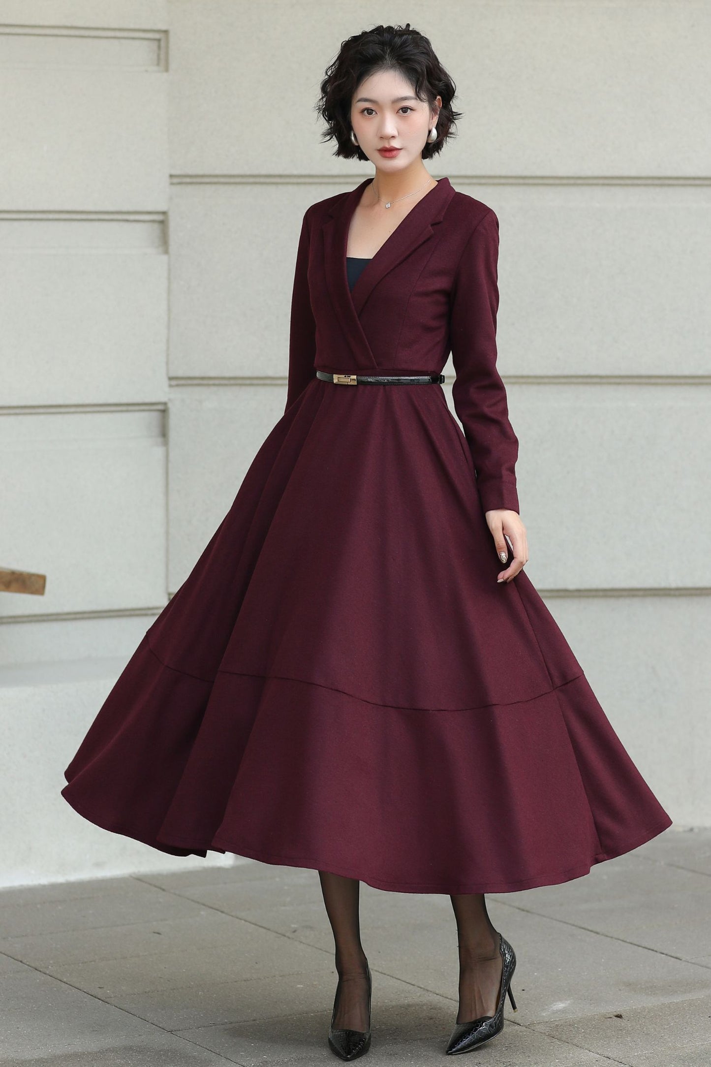 Burgundy Wool Wrap Midi Dress — Elegant Tie‑Waist A‑Line for Office 6512