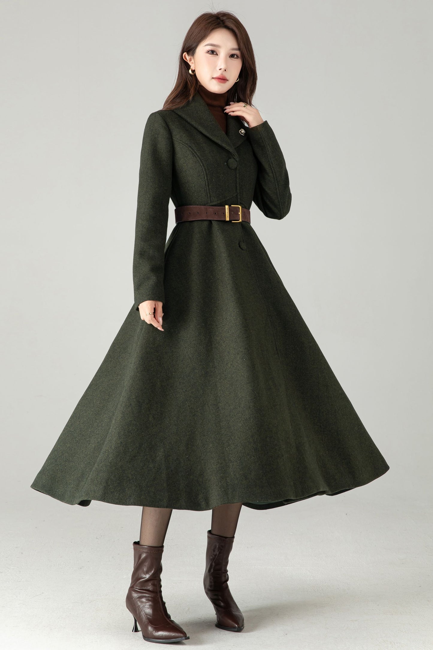 Army Green Herringbone Wool Coat – Elegant A-Line Maxi Winter Coat | Xiaolizi 6574