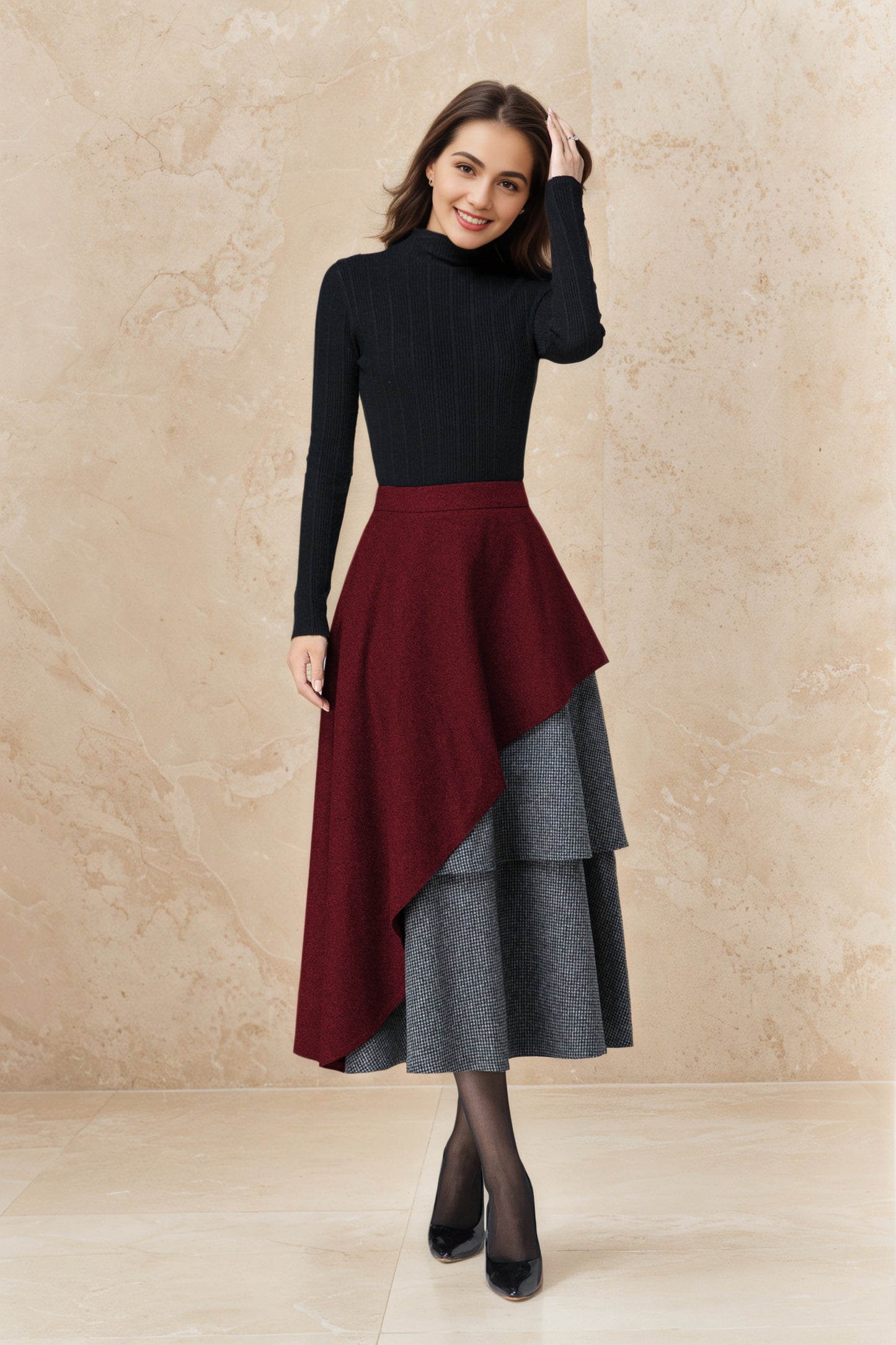 Vintage Wool Maxi Skirt Dark Red – Layered Houndstooth Detail – 6516