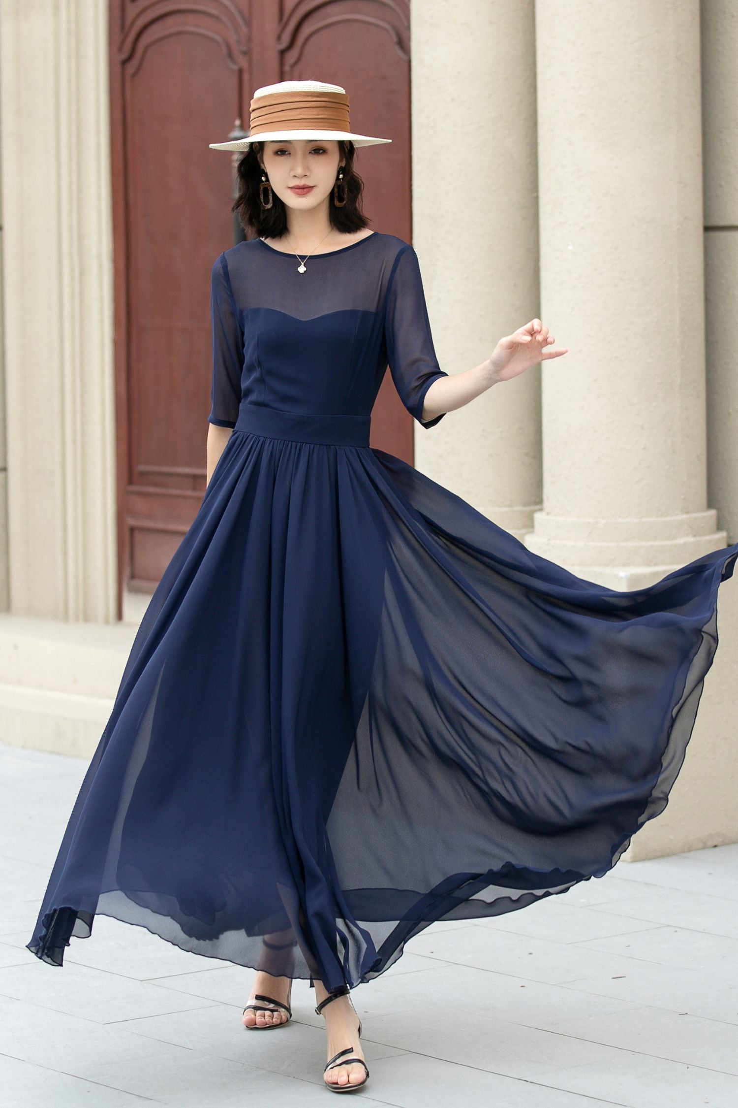 Fit and Flare Dark Blue Chiffon dress 5143 Xiaolizi Fit and Flare Dark Blue Chiffon dress 5143 Xiaolizi