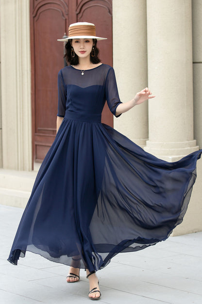 Fit and Flare Dark Blue Chiffon dress 5143