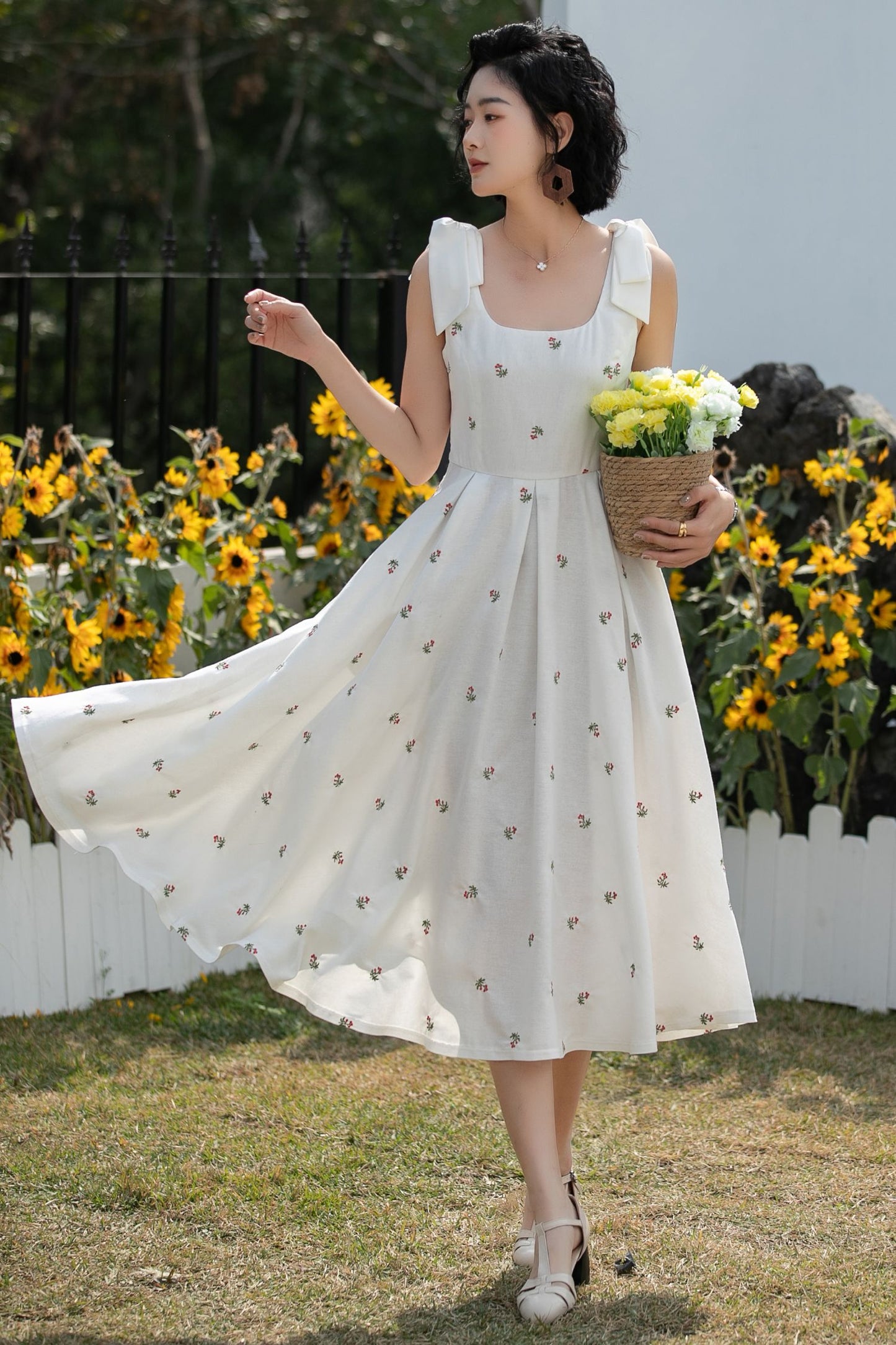 Xiaolizi Vintage Linen Midi Dress – Handmade Square Neck A-Line Summer Dress with Pockets 6685 -size XS #CK2600157