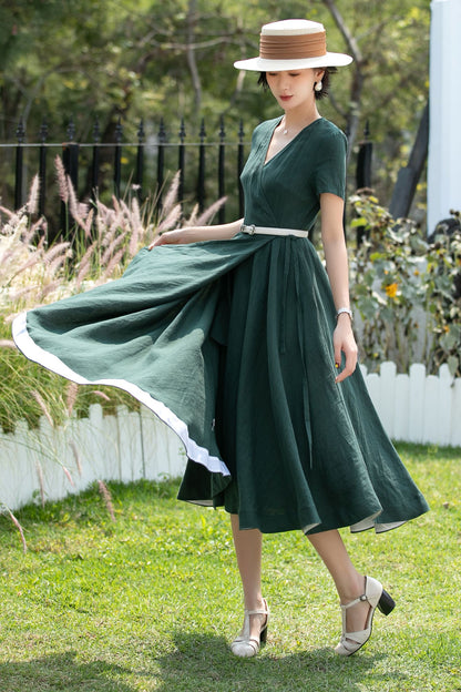 V-Neck Linen Fit and Flare Midi Dress | Xiaolizi 6739 - Size XS #CK2600280