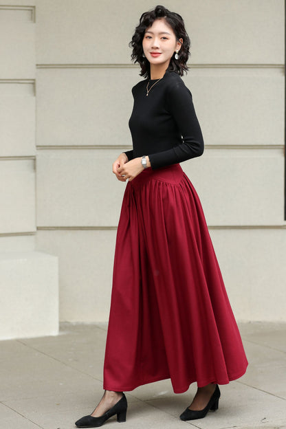 Burgundy Wool Maxi Skirt - Handmade High-Waisted Pleated 6420