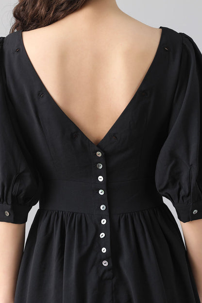 Black Cotton Linen Midi Dress - Vintage Inspired A-Line Swing 2559