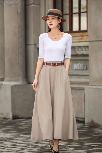 Khaki Cotton Linen Maxi Skirt – Vintage High Waist Long Skirt with Pockets 2783