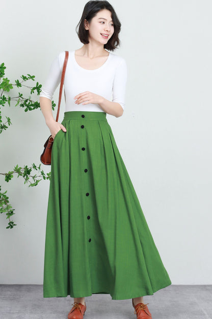 Green Cotton Linen Maxi Skirt - Button Down Pleated Design 5732
