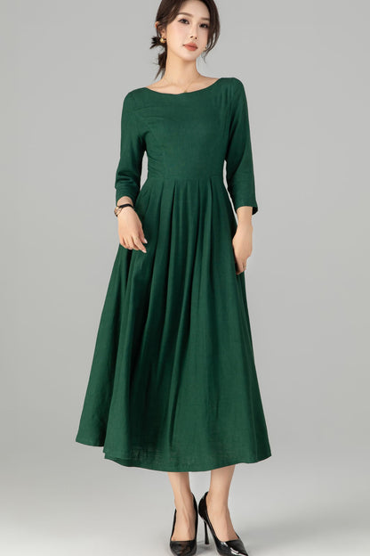 Handmade Emerald Green Linen Dress | 1950s Vintage Style Midi with Pleated Waist 5714